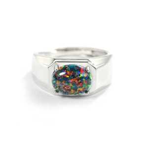 Black Opal Cabochon Men's Ring 925 Silver Oval Black Opal Anniversary Gift for Him Classic Cabochon Party Worn Ring October Birthstone Gift.