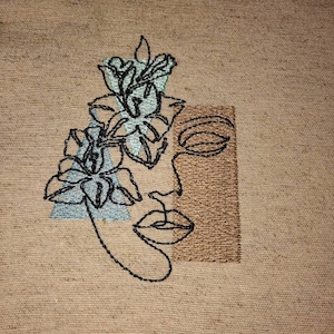 coupon brodé femme fleur, tissu lin,  visage femme et fleur lys, idée cadeau