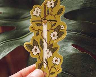 Fantasy Sword Sticker, Spring Flower, Fantasy Art, Sword Bouquet Sticker, Waterproof Sticker, Vinyl Sticker, Bookish Fan Art Sticker