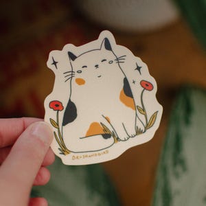 Grumpy Cat Sticker, Chunky Cat Sticker, Calico Illustration, Kitty in Flowers Sticker, Vinyl Sticker Art Decal for Laptop, Animal Lover Gift