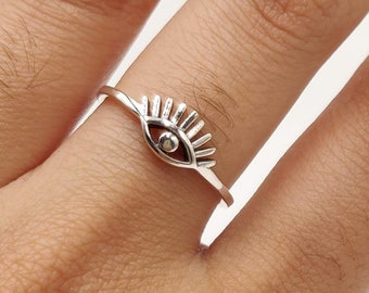 Sterling Silver Evil Eye Ring: Dainty Good Luck Protector Ring