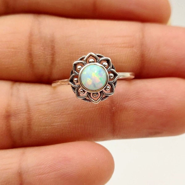 Sterling Silver Flower White Opal Ring, Dainty Ring, Boho Ring, Mandala Ring