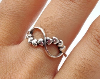 Sterling Silver Hearts Infinity Ring, Heart Ring, Silver