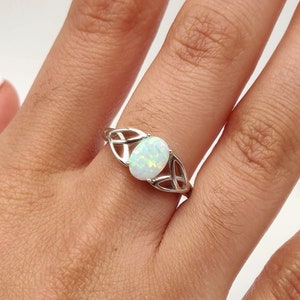 White opal sterling silver ring, Womens opal ring, Lab created opal ring, Celtic ring, 925 sterling silver, Oval Shaped Opal Solitaire Ring