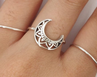 Oxidized Sterling Silver Crescent Moon Ring: Celtic Boho Jewelry