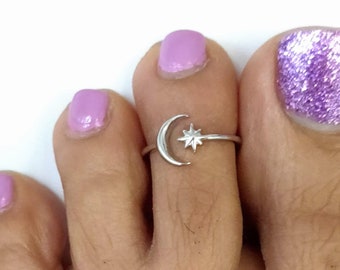 Sterling Silver Crescent Moon and Twinkle Star Toe Ring, Silver Ring, Moon Ring, Pinky Ring, Adjustable Ring