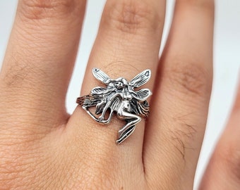 Oxidized Sterling Silver Fairy Ring - Vintage Angel Wing Design