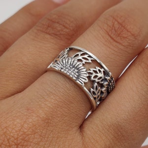 Sterling Silver Sunflower Ring, 925 Stamped Solid Sterling Silver Sunflower Leaves Ring, Flower Ring, Statement Ring, Gift Ring, Floral Ring