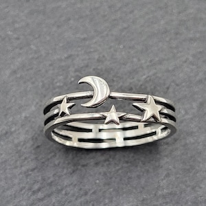 Sterling Silver Dainty Little Moon and Star Ring, Boho Ring, Moon Ring, Star Ring, Silver Ring