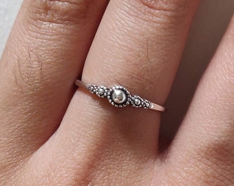 Oxidized Sterling Silver Bali Ring, Dainty Stackable Beads