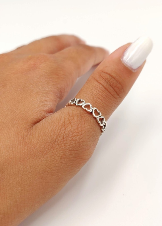 Sterling Silver Eternity Heart Band Open Heart Stacking Ring Etsy