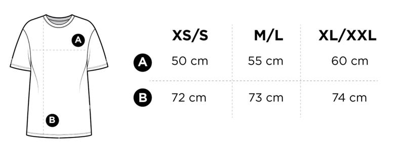 Puede incluir: Una camiseta blanca con cuello redondo, acompa&ntilde;ada de una tabla de tallas. La tabla muestra las medidas en cent&iacute;metros para las tallas XS/S, M/L y XL/XXL. Las medidas son 50 cm, 55 cm y 60 cm para el pecho, y 72 cm, 73 cm y 74 cm para el largo.