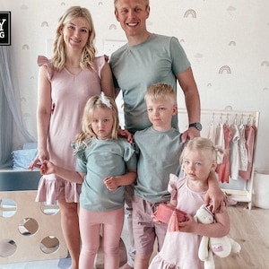 Matching Family Summer Outfits – Mom and Daughter Cotton Dresses + Dad & Son T-Shirts – Handmade from Soft Knit