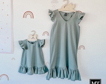 Robes vert sauge pour maman et moi - Ensemble à volants en tricot de coton