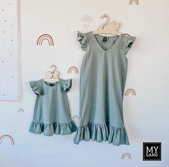 Sage Green Mommy and Me Dresses - Cotton Knit Ruffle Set