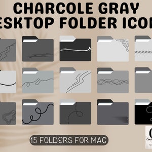 15 Desktop Folder Icons, Shades of Grey, Neutral Icons, Charcoal gray folder icons, Study and Personal, Dark Gray, Black Monochromatic
