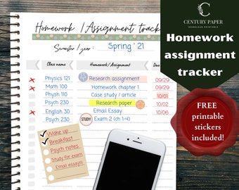 Printable Homework Assignment Tracker, College Planner (Digital Download)