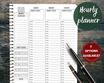 May include: A spiral-bound hourly planner with a weekly to-do list and habit tracker. The planner includes sections for Sunday, Monday, and Tuesday, with time slots from 6:00 to 7:00. Two pens are placed on the right side of the planner.