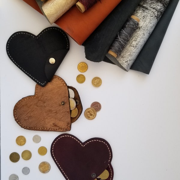 Hand stitched, heart-shaped leather coin purse