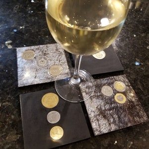Genuine Square Leather Coasters with Foreign Coins - Set (4), Drink Coaster, Choose from various colors,