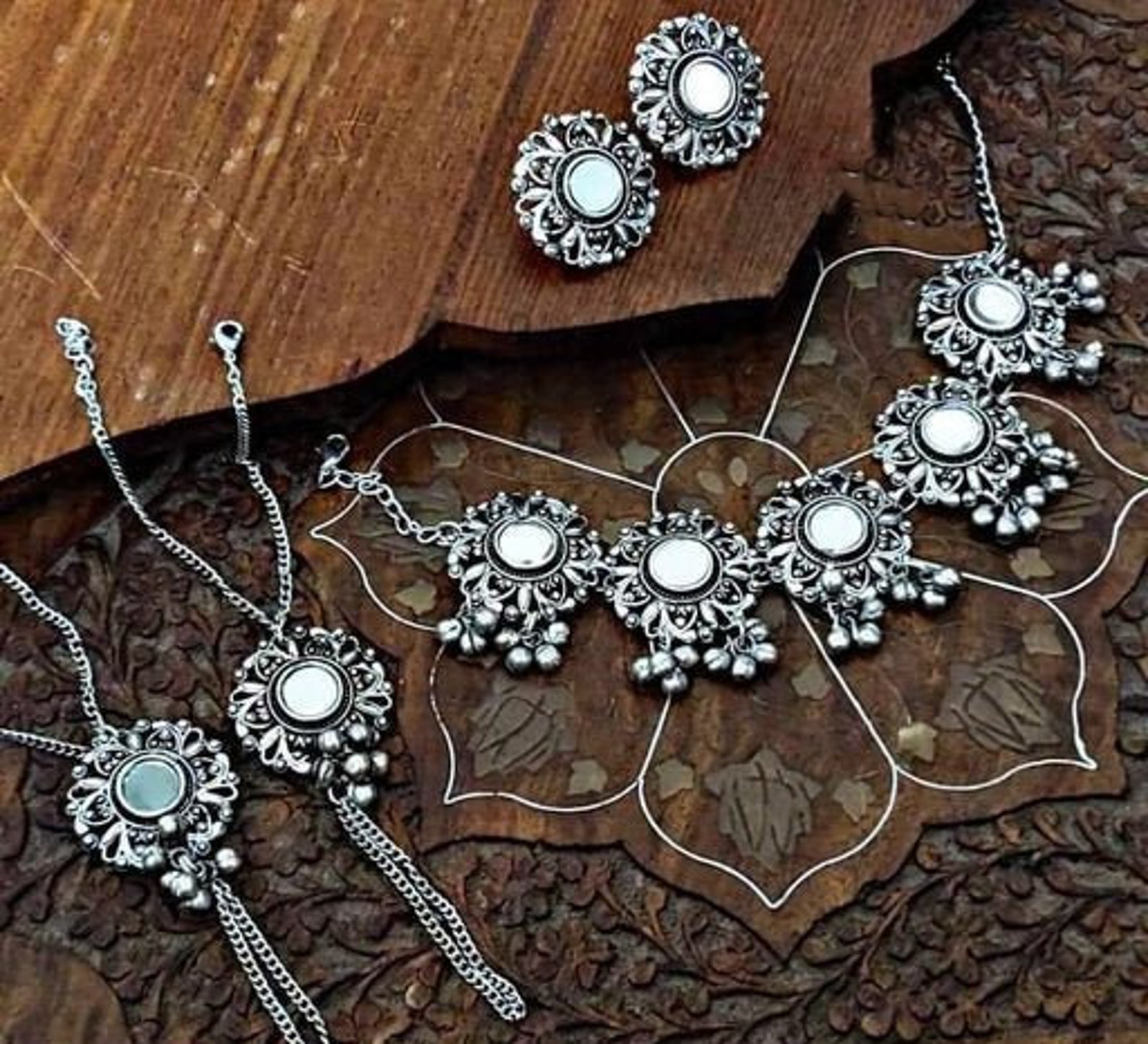 Beautiful Oxidized Silver Mirror Choker Set Indian Oxidized Etsy
