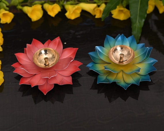 Diwali Special Red Blue Handmade Brass Diya Deepak Oil Lamp Etsy