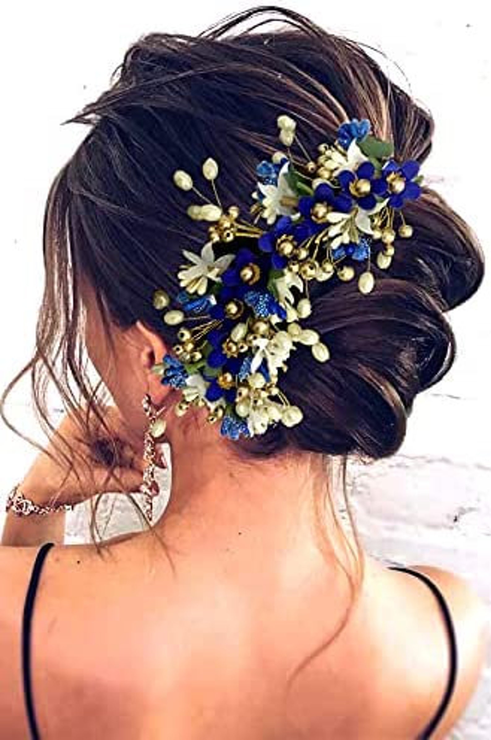 Blue Indian Hair Accessories Pearl Gajra Artificial Flower Etsy UK