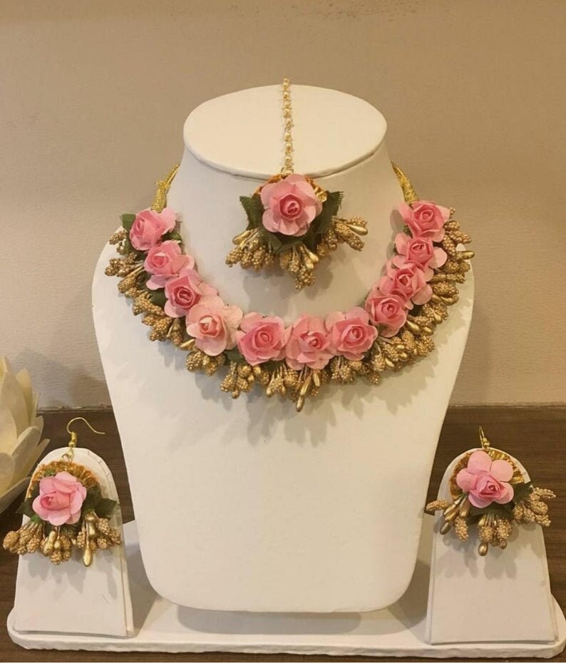 Pink & Golden Artificial Flower Jewelry Bridal Bridesmaid Etsy