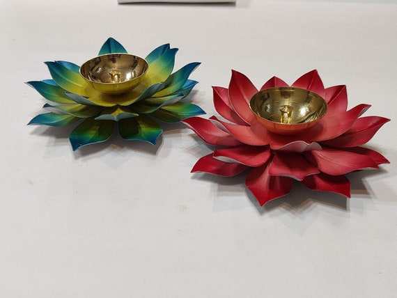 Diwali Special Red Blue Handmade Brass Diya Deepak Oil Lamp Etsy