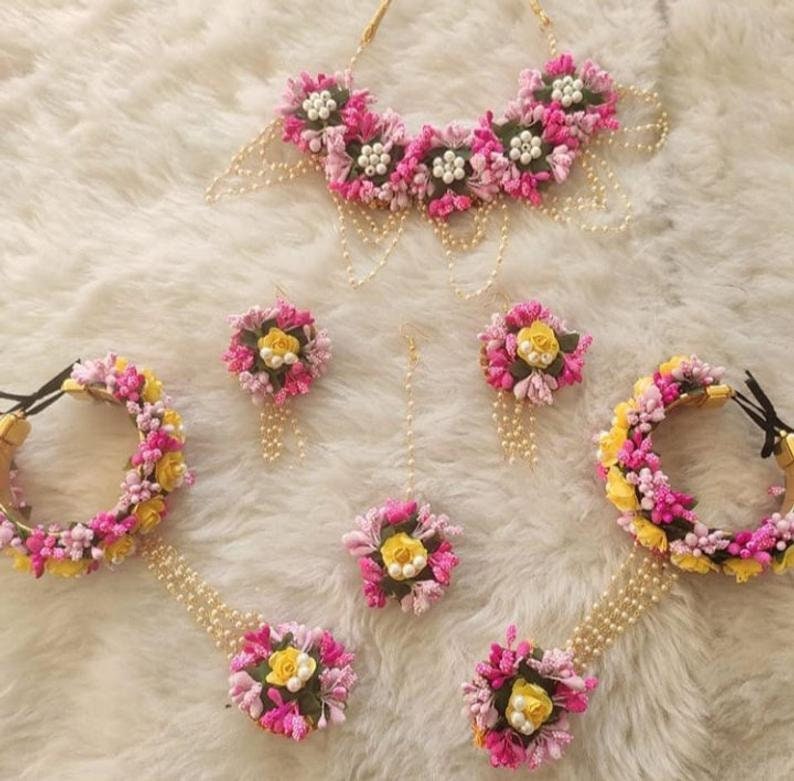 Multicolor Artificial Flower Jewelry Bridal Bridesmaid Floral Jewelry Set Haldi Wedding Mehndi Night Artificial Floral Jewelry Set