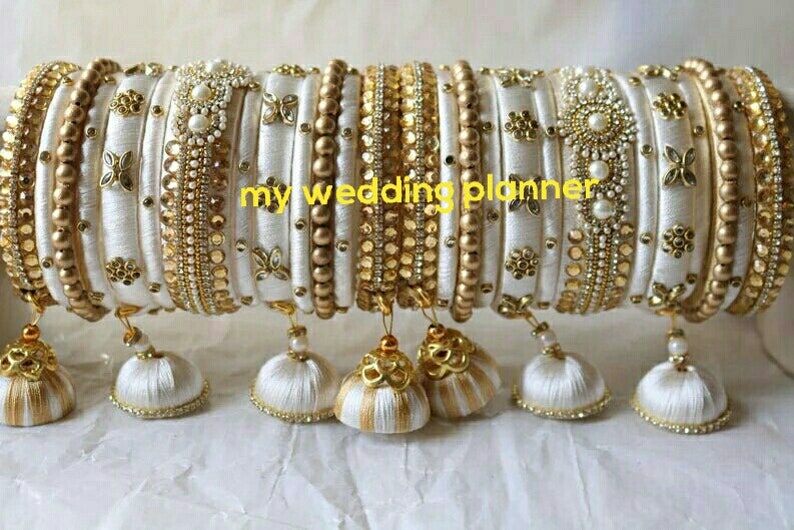 White & Golden Silk Thread Pearl Bangles Set Indian Etsy
