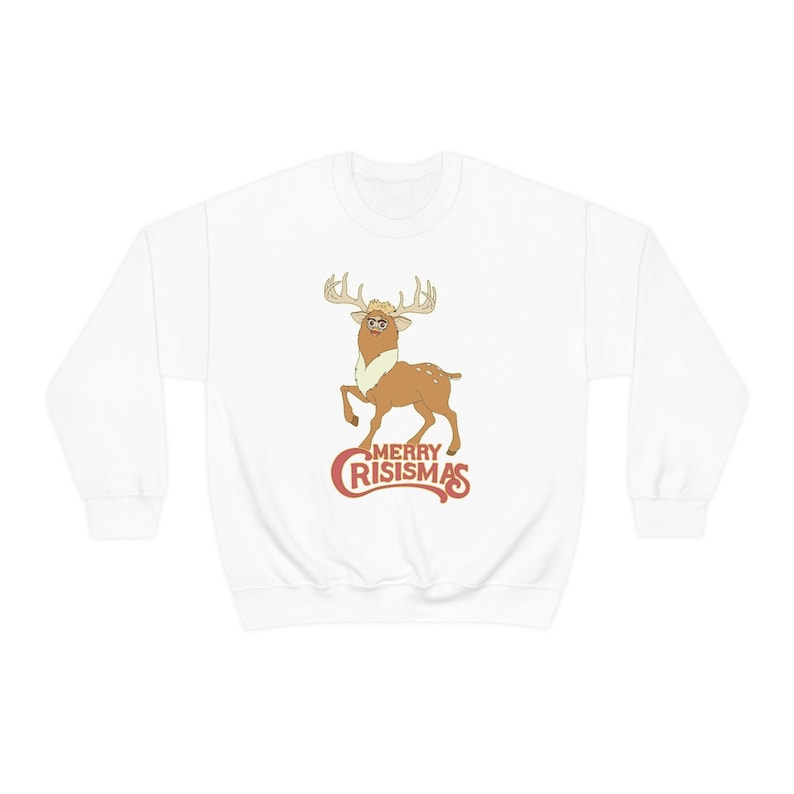 MERRY CRISISMAS Furby Reindeer Ugly Christmas Sweater - Weird Gifts / Funny White Elephant White