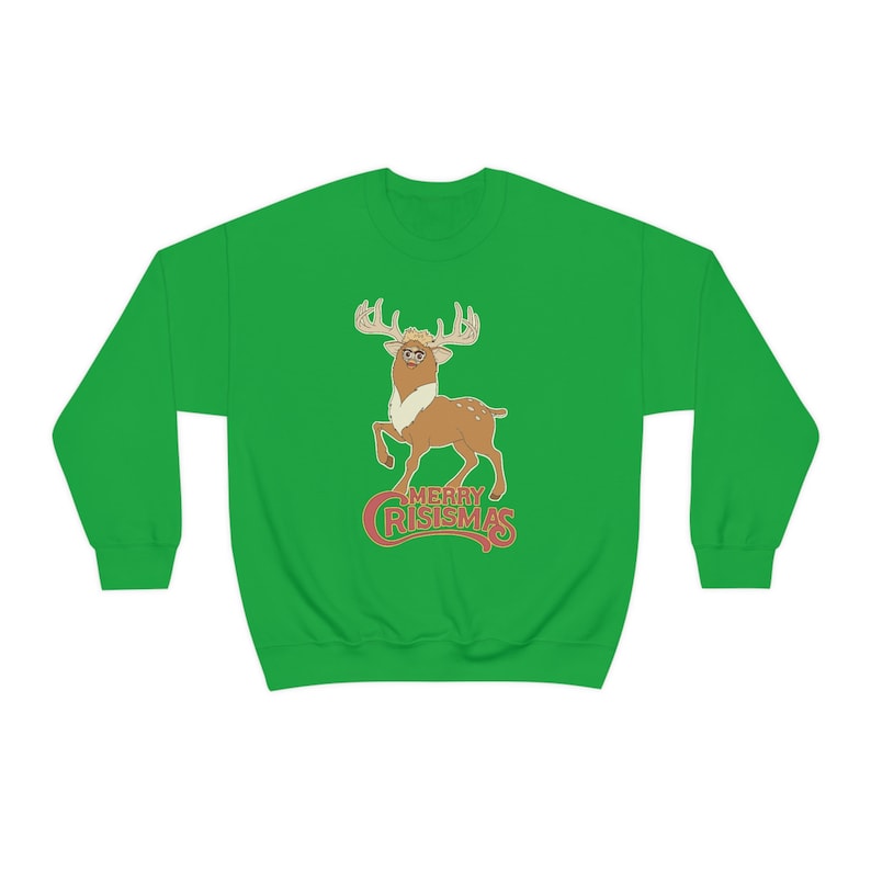 MERRY CRISISMAS Furby Reindeer Ugly Christmas Sweater - Weird Gifts / Funny White Elephant Irish Green