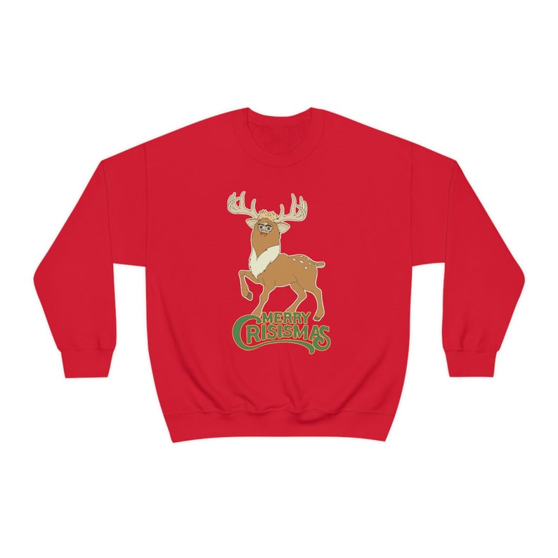 MERRY CRISISMAS Furby Reindeer Ugly Christmas Sweater - Weird Gifts / Funny White Elephant Red