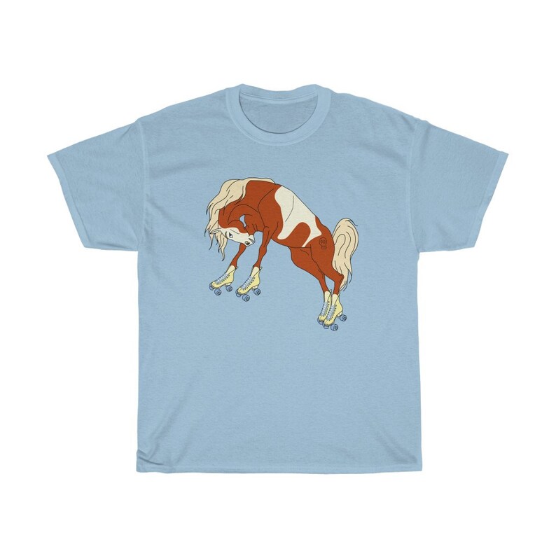 Roller Skate Horse Graphic Tee, Roller Derby Shirt Pastel Blue
