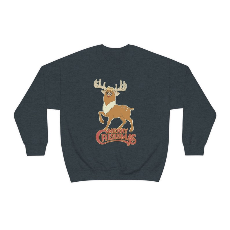 MERRY CRISISMAS Furby Reindeer Ugly Christmas Sweater - Weird Gifts / Funny White Elephant Dark Heather