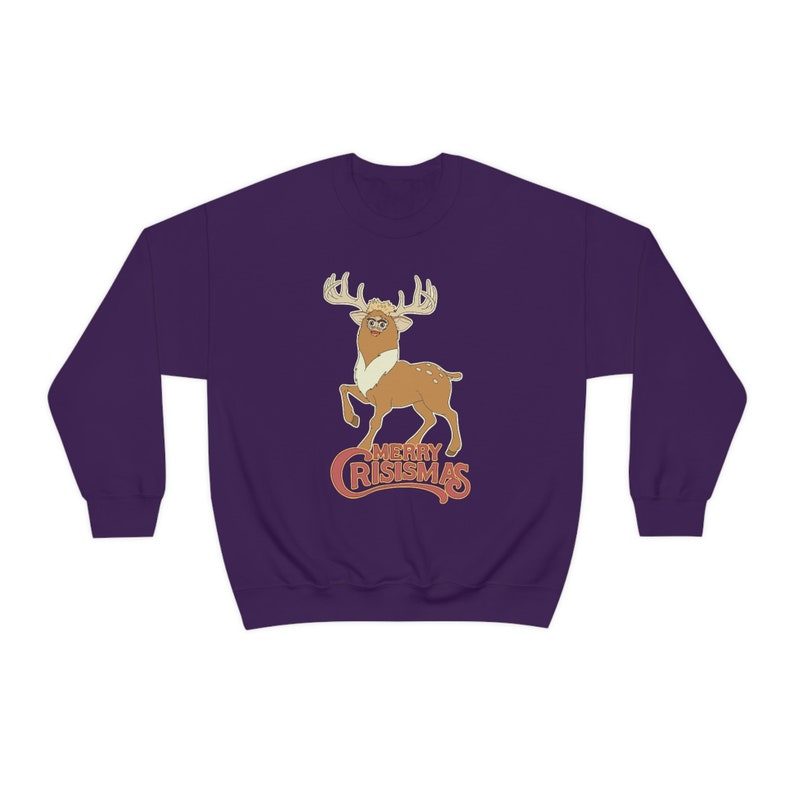 MERRY CRISISMAS Furby Reindeer Ugly Christmas Sweater - Weird Gifts / Funny White Elephant Purple