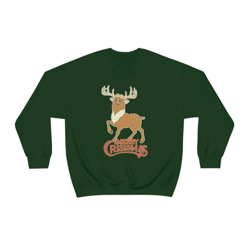 MERRY CRISISMAS Furby Reindeer Ugly Christmas Sweater - Weird Gifts / Funny White Elephant Forest Green