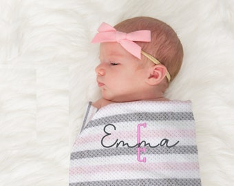 Personalized Pink Gray Stripe Plush Waffle Baby Blanket - Soft, Lightweight, Embroidered Newborn Gift