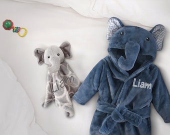Elefanten Robe für Baby Jungen mit Elefant Schmusetuch, Baby Robe mit Ohren, Elefant-Babypartygeschenk, Elefant-Baby-Robe mit Name