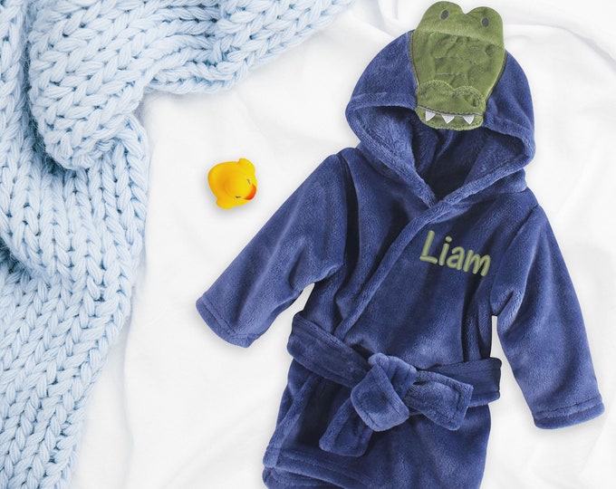 Personalized Baby Bathrobe, Hooded Blue Alligator Bathrobe, Name