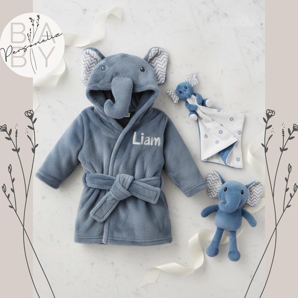 Albornoz bordado personalizado para bebé, albornoz de elefante azul, regalo para baby shower, albornoz para bebé, regalo para bebé niña.