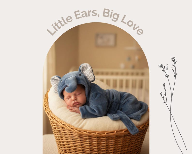 A sleeping baby dressed in a blue elephant costume is nestled in a wicker basket, with a floral design on the right side of the image.
