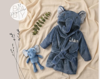 Elephant Robe for Baby Boys with Elephant security blanket,, Baby Robe with Ears, Elephant Baby Shower Gift, Elephant Baby Robe with Name