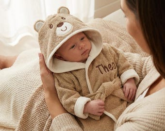 Teddy Bear Baby Bathrobe, Personalized Hooded Robe with Name, Brown Terry Cloth Newborn Gift, Animal Bath Towel