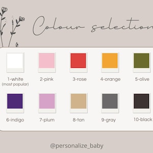 The image is a color selection graphic that displays various color options, including white, pink, rose, orange, olive, indigo, plum, tan, gray, and black.