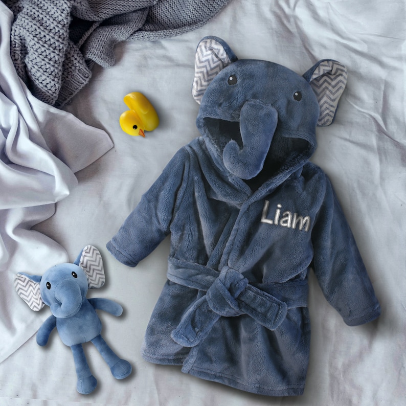 Personalized Custom Embroidered Baby Bathrobe, Blue Elephant Bathrobe Baby Gift, Infant Bathrobe, Baby Shower Gift Baby Boy, Baby Girl Robe + Plush Toy