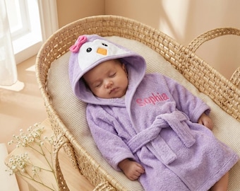 Purple Penguin Baby Bathrobe, Personalized Hooded Robe with Name, Terry Cloth Bath Towel, Newborn Girl Gift