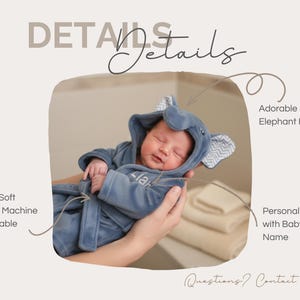 A newborn baby wearing a blue elephant hood is being held by a person.