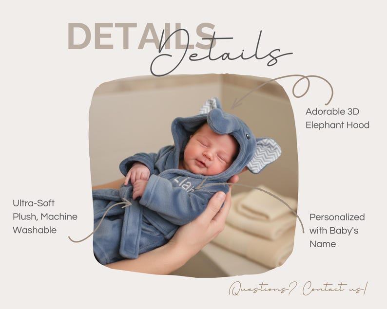 A newborn baby wearing a blue elephant hood is being held by a person.